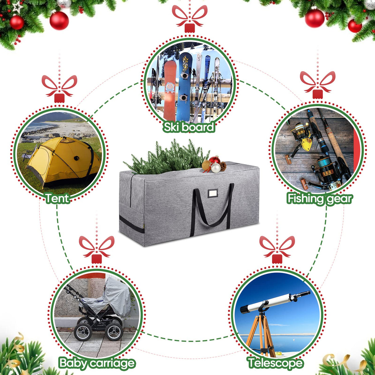 BALEINE 7.5 ft Christmas Tree Storage Bag, Heavy Duty 900D Oxford Fabric with Reinforced Handles and Dual Zippers Wide Opening, Extra Large Storage Container for Trees and Decorations (Grey) BALEINE