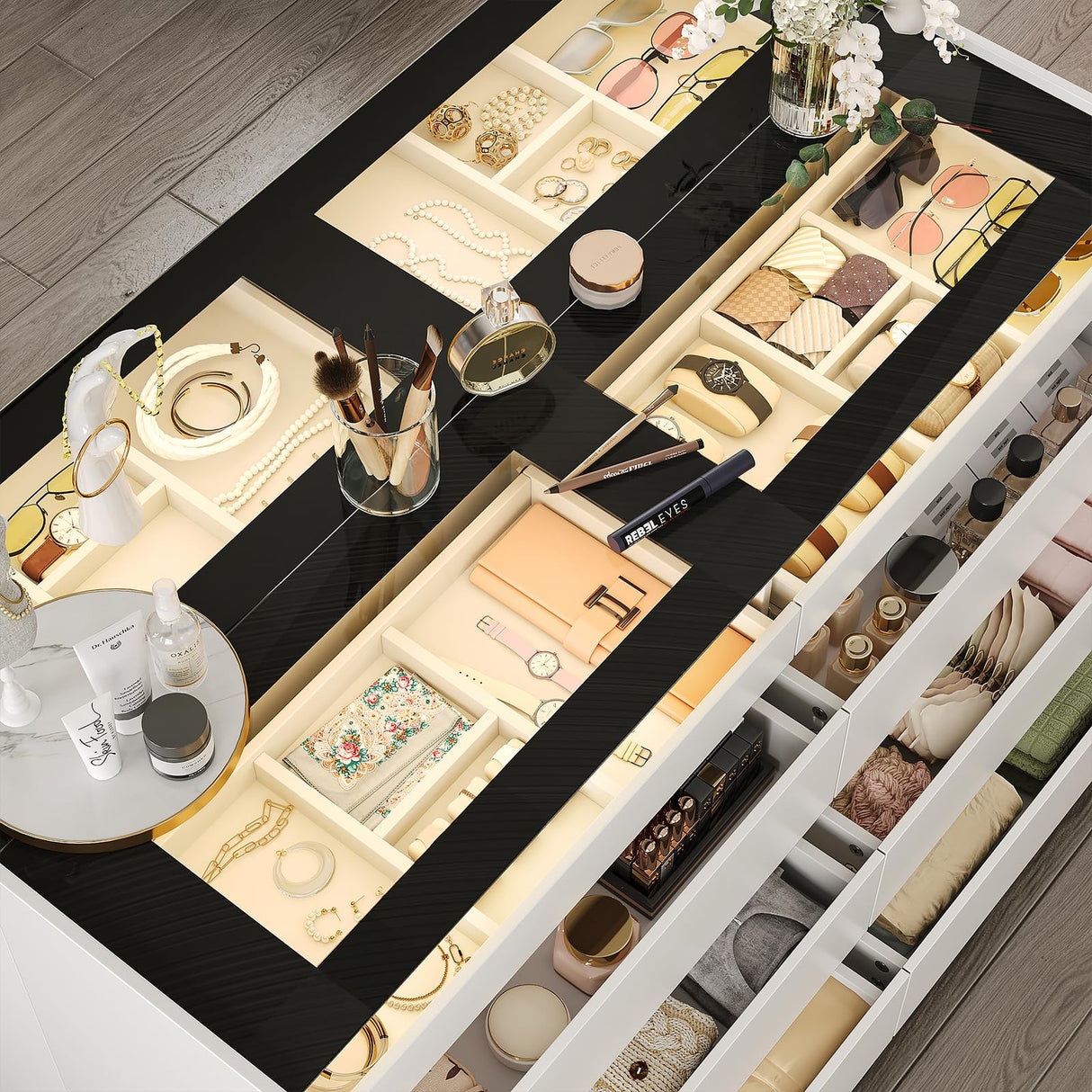 LIVAUVEAD Closet Island with Drawers, 16 Drawers Wardrobe Closet with Glass Top and LED Light，White Island Dresser with Jewelry Organizer for Bedroom & Cloakroom LIVAUVEAD