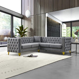 Velvet L Shaped Sofa Couch, Upholstered Sectional Couch with Tufted Back and Rivet Decoration, Modern 5 Seater Corner Sofa with Golden Tapered Legs and 3 Pillows, Comfy Couches for Living Room, Gray KINFFICT
