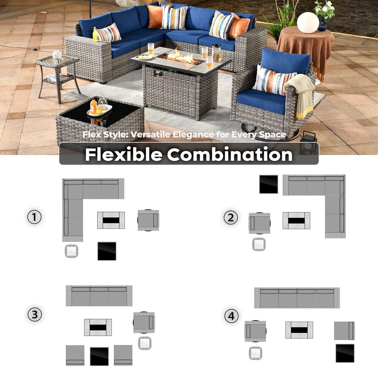 ovios 9 Pieces Patio Furniture Set, Outdoor Wicker Sectional Sofa with 42" Fire Pit Table Swivel Chair, Modern Modular Deep Seat Rattan Couch Conversation Sets, Navy Blue ovios