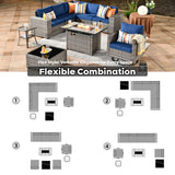 ovios 9 Pieces Patio Furniture Set, Outdoor Wicker Sectional Sofa with 42" Fire Pit Table Swivel Chair, Modern Modular Deep Seat Rattan Couch Conversation Sets, Navy Blue ovios
