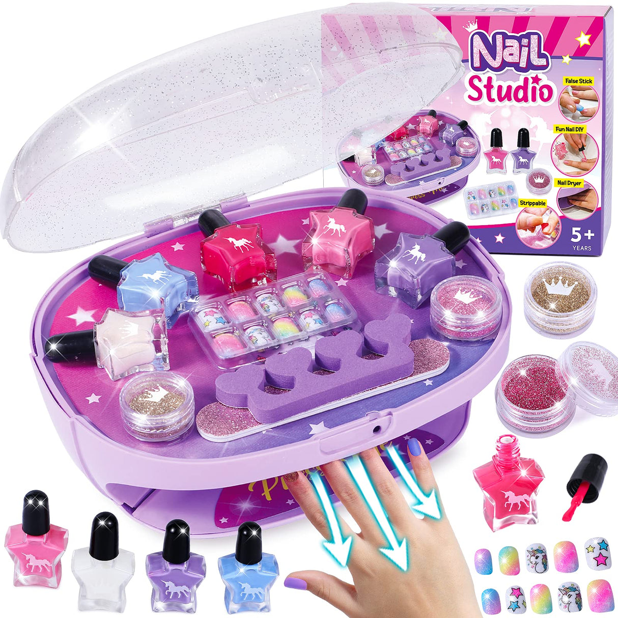 Golray Kids Nail Polish Set for Girls, All-in-One Nail Art Kit - Dryer/ Glitter Powder/ False Nails/ Nail Decals/ Toe Separator/File, Age 3-12 Little Girl Gift Toys Golray