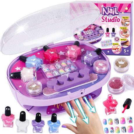 Golray Kids Nail Polish Set for Girls, All-in-One Nail Art Kit - Dryer/ Glitter Powder/ False Nails/ Nail Decals/ Toe Separator/File, Age 3-12 Little Girl Gift Toys Golray