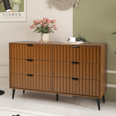 Furnivado Fluted Dresser for Bedroom with 6 Drawers, 47'' Wide Modern Dresser with Metal Handle, Natural Wood Dressers Organizer with Blister Drawers for Bedroom, Brown Furnivado