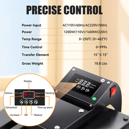 Rengue Heat Press, 15"x15" Clamshell Sublimation T Shirt Press Machine, Fast Heat-up with Digital Precise Temperature Control for T-Shirts, Bags, Mats, Puzzles,Garments,1200W - WoodArtSupply