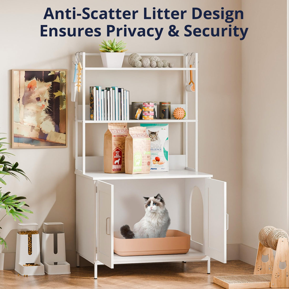 Cozy Castle Litter Box Enclosure, 57'' Cat Litter Box Furniture with Large Cabinet, Shelves and 4 S-Hooks, Hidden Cat House for Most of Litter Boxes, Wooden Pet Washroom Indoor, White Cozy Castle