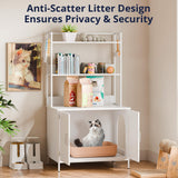 Cozy Castle Litter Box Enclosure, 57'' Cat Litter Box Furniture with Large Cabinet, Shelves and 4 S-Hooks, Hidden Cat House for Most of Litter Boxes, Wooden Pet Washroom Indoor, White Cozy Castle