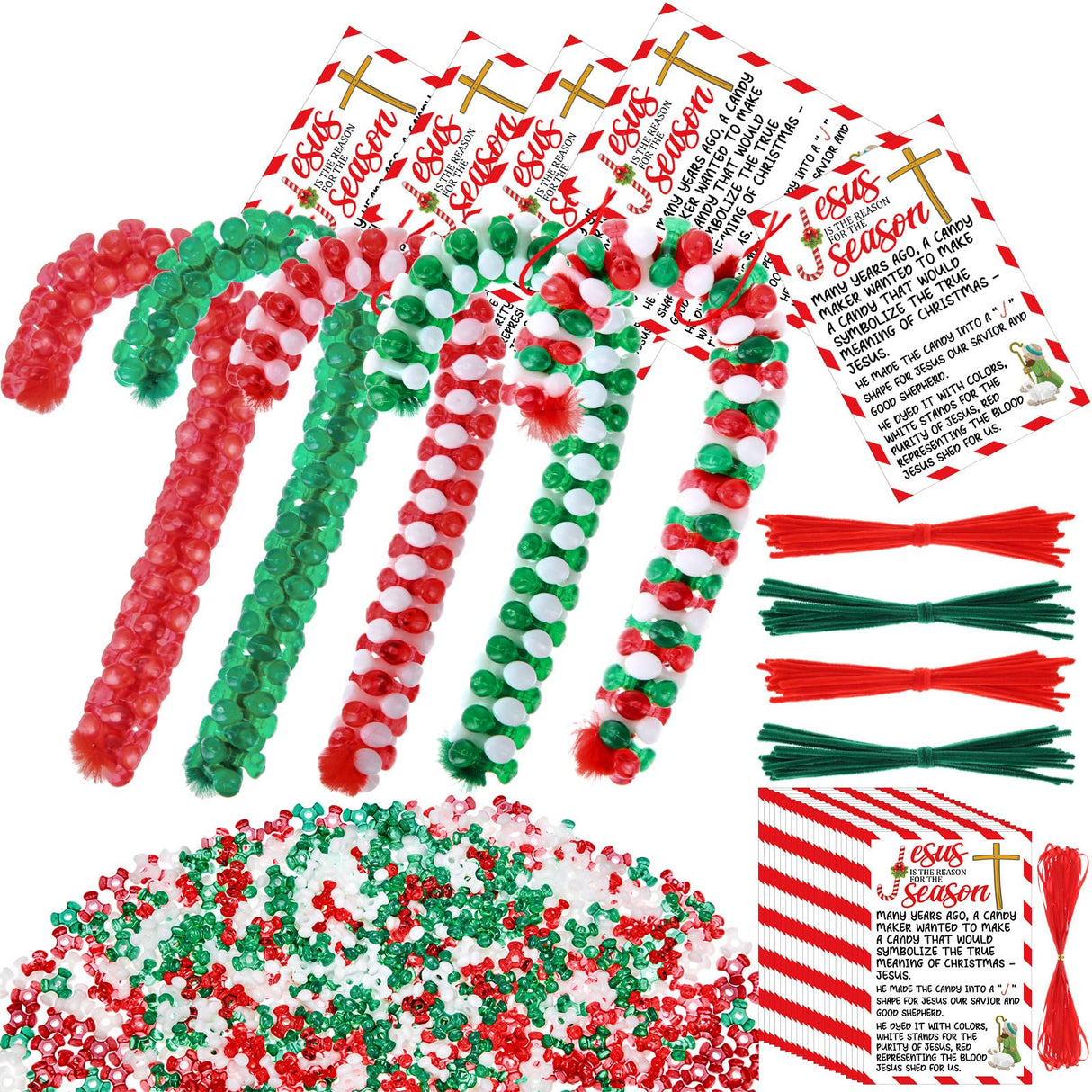 Hollowfly 48 Set Christmas Meaning of The Candy Cane Craft Kit DIY Christmas Tri Beaded Ornament Includes 2160 Plastic Tri Beads 48 Cards 48 Chenille Stems for Jesus Religious Crafts Xmas Tree Decor Hollowfly