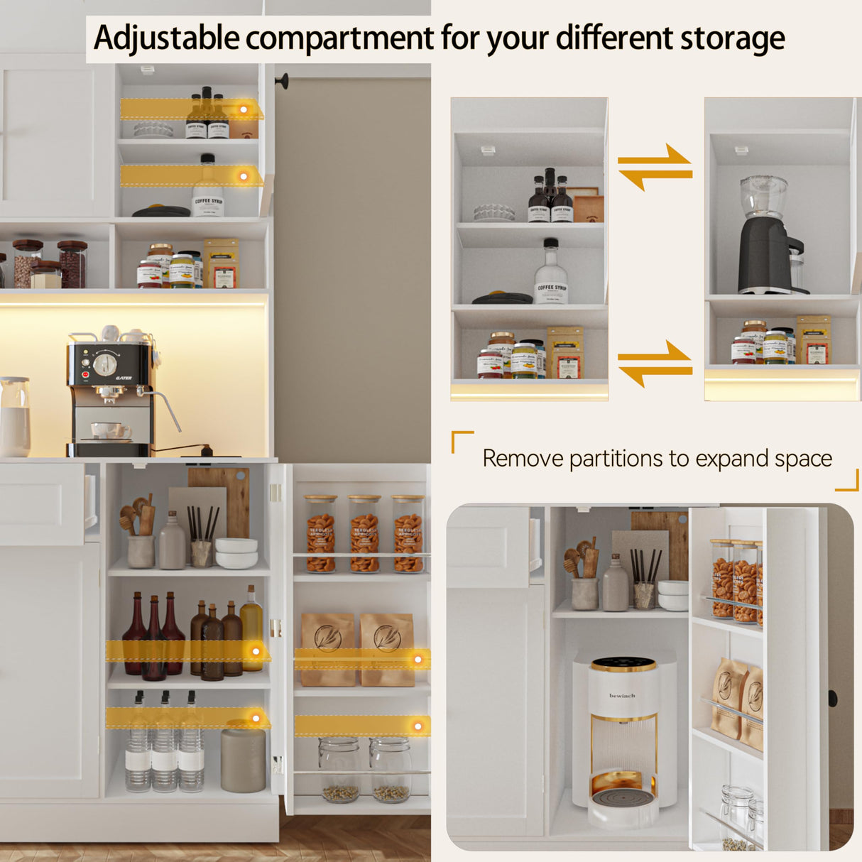 FJTJBSI 72" Kitchen Pantry Cabinet with Charging Station and LED Light Tall Pantry Storage Cabinet with Adjustable Shelves Freestanding Kitchen Hutch with Countertop for Dining Room White FJTJBSI