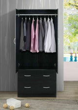 HODEDAH 2 Door Wood Wardrobe Bedroom Closet with Clothing Rod inside Cabinet, 2 Drawers for Storage and Mirror, Black Hodedah