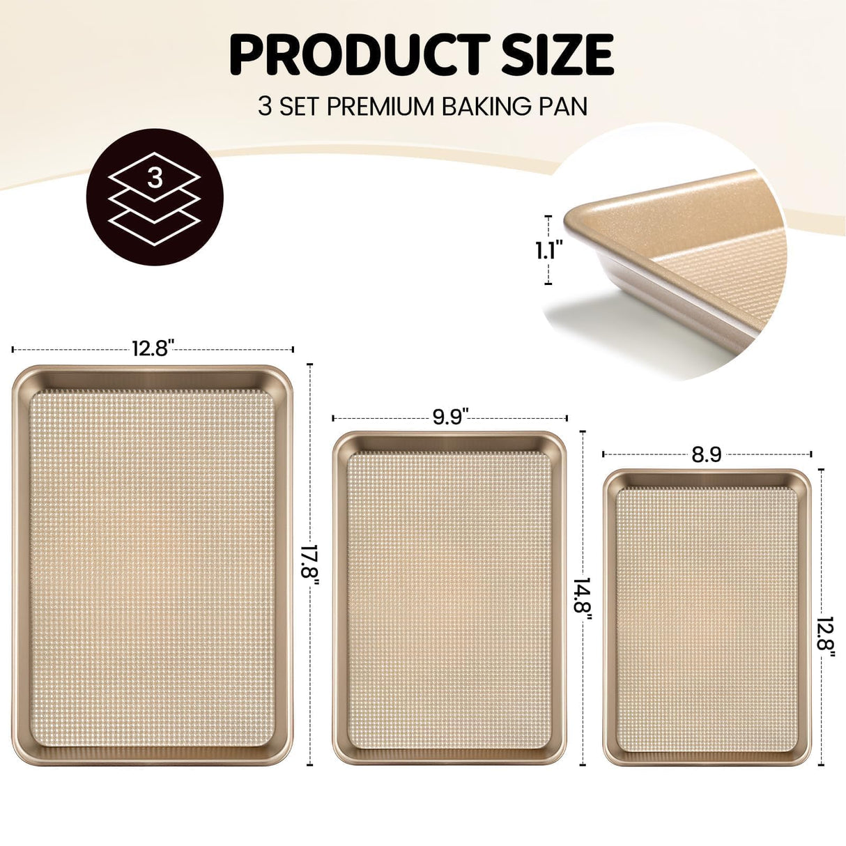 Vinino Baking Sheet Set of 3, Cookie Sheets For Baking with Square Texture Pattern, Thicker Carbon Steel Non-stick Baking Pan Half/Quarter/Jelly Roll Pans Tray for Oven Vinino