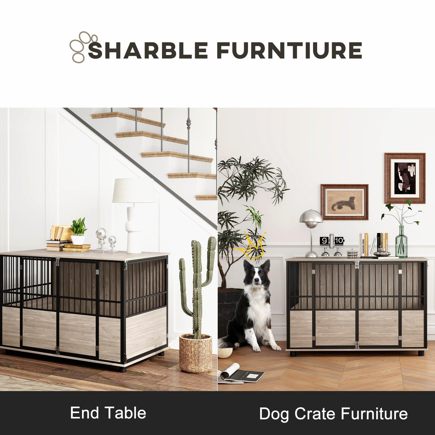 PawHut Dog Crate Furniture, 46" Wooden Dog Kennel Furniture, Dog Crate End Table with Double Doors for Small to Large Dogs, Walnut Wood Finish - WoodArtSupply