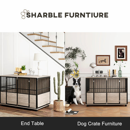 PawHut Dog Crate Furniture, 46" Wooden Dog Kennel Furniture, Dog Crate End Table with Double Doors for Small to Large Dogs, Walnut Wood Finish - WoodArtSupply