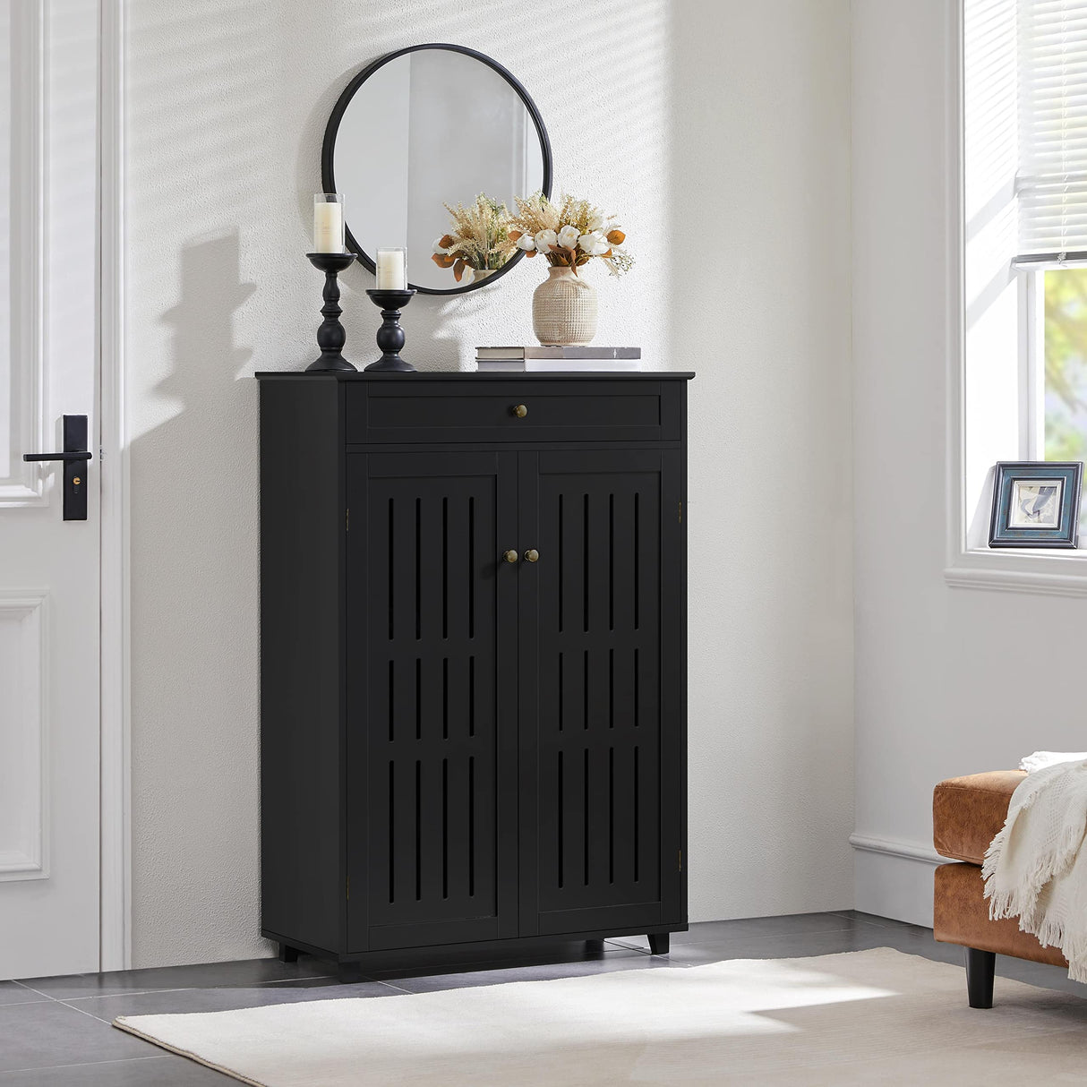 Yaheetech Storage Cabinet Floor Storage Organizer Wooden Cabinet with Drawer 2 Doors for Entryway Living Room Furniture Black Yaheetech