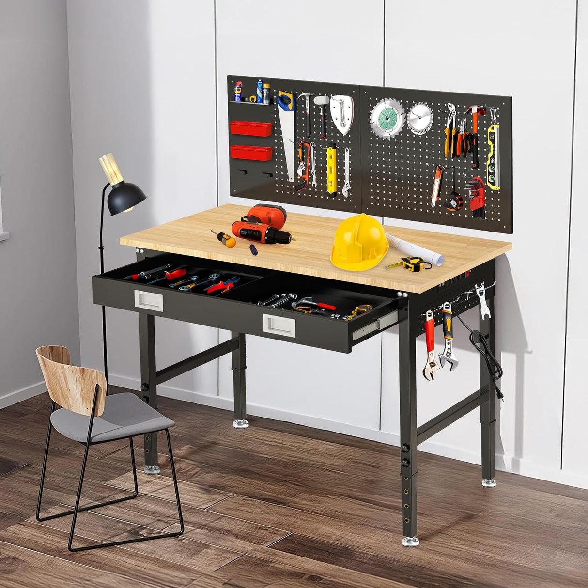 48" Workbench with Drawers, Adjustable Height Work Bench 2000 LBS Heavy-Duty Work Table Rubber Wood Work Station with Power Outlet & Pegboard for Garage, Office, Workshop, Home, Party Shop WoodArtSupply