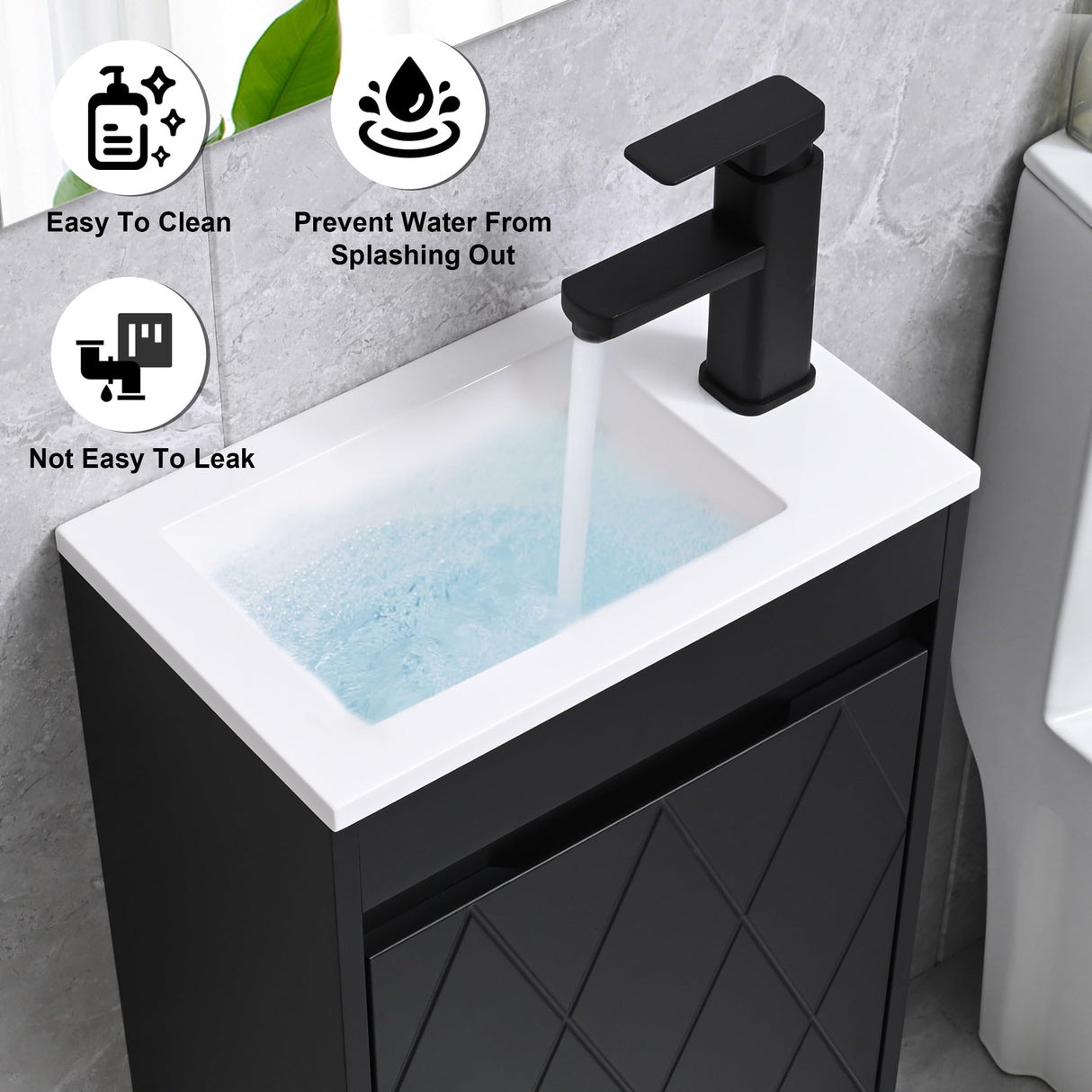 USBATHJOY 16" Bathroom Vanity Sink Combo for Small Space, Wall Mounted Bathroom Cabinet Set with White Resin Basin Sink Top Black Faucet Pop Up Drain Black USBATHJOY