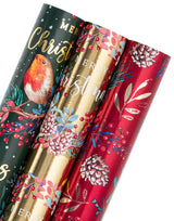 WRAPAHOLIC Christmas Wrapping Paper Roll - Mini Roll - 3 Rolls - 17 Inch x 120 Inch Per Roll - Bird, Christmas Garland, Holly and Pinecones Holiday Design with Metallic Foil Shine WRAPAHOLIC