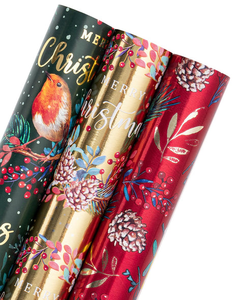 WRAPAHOLIC Christmas Wrapping Paper Roll - Mini Roll - 3 Rolls - 17 Inch x 120 Inch Per Roll - Bird, Christmas Garland, Holly and Pinecones Holiday Design with Metallic Foil Shine WRAPAHOLIC