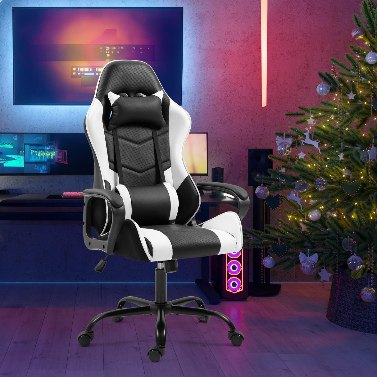 ECOTOUGE Gaming Chair, Ergonomic Computer Gamer Chair with Massage Lumbar Support & Rocking High Back, 360° Swivel Video Game Chair for Gaming or Office, Height Adjustable (White) ECOTOUGE