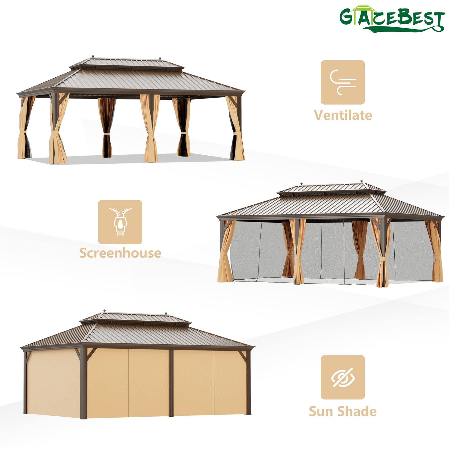 GAZEBEST 14'x20' Hardtop Gazebo Outdoor Aluminum Patio Gazebo Double Roof Galvanized Steel Gazebo Canopy with Netting and Curtains,for Garden Patio,Patio Backyard,Deck and Lawns - WoodArtSupply