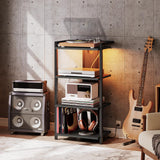 HOOBRO 4-Tier AV Media Console With Charging Station and LED Light, Wooden Stereo Cabinet, Corner TV Stand, Record Player, Entertainment Device, Black BB38UDCJ01 HOOBRO