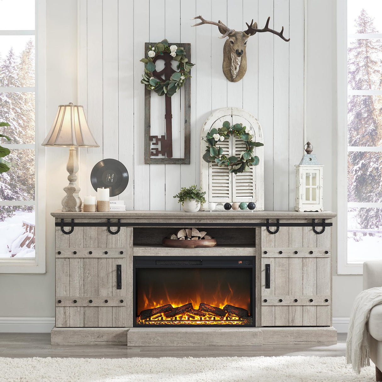 OKD 70" Fireplace TV Stand for 75 80 Inch TV, Farmhouse Highboy Entertainment Center with 30" Electric Fireplace &Sliding Barn Doors, 32" Tall Media Console Cabinet for Living Room, Light Rustic Oak OKD