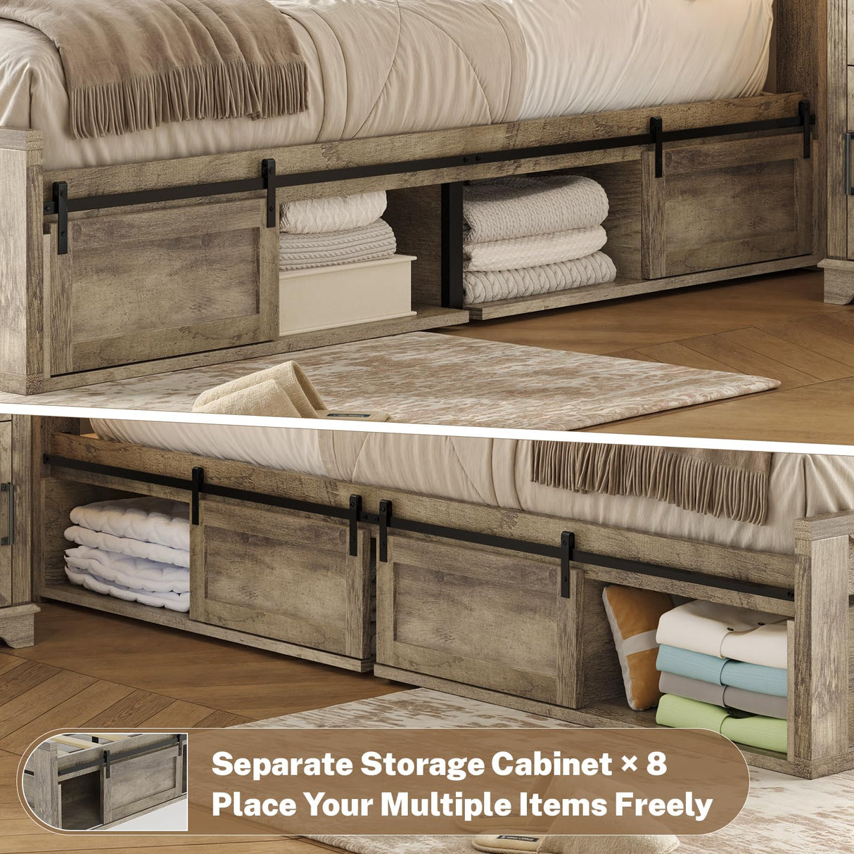 Maupvit Farmhouse Queen Size Bed Frame with Sliding Barn Door Storage Cabinets, Rustic Platform Bed Frame with Adjustable Thick Headboard, Sturdy Wood & Metal Frame, No Box Spring Needed, Noisy-Free Maupvit