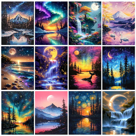 CreateJoy 12 Pack Moonlight Diamond Painting Kits for Adults, 5D Moon Diamond Art Kits for Beginners, DIY Full Drill Paint with Diamond, Home Wall Decor 12 x 16 Inch CreateJoy
