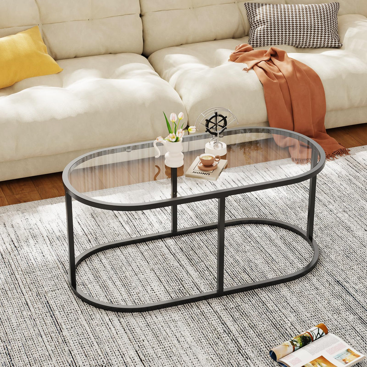 Wolawu Coffee Table Black Glass Coffee Tables for Living Room, Oval Table Center Table with Sturdy Metal Frame,Modern Tempered Glass Accent Tables for Bedroom Home Office Wolawu