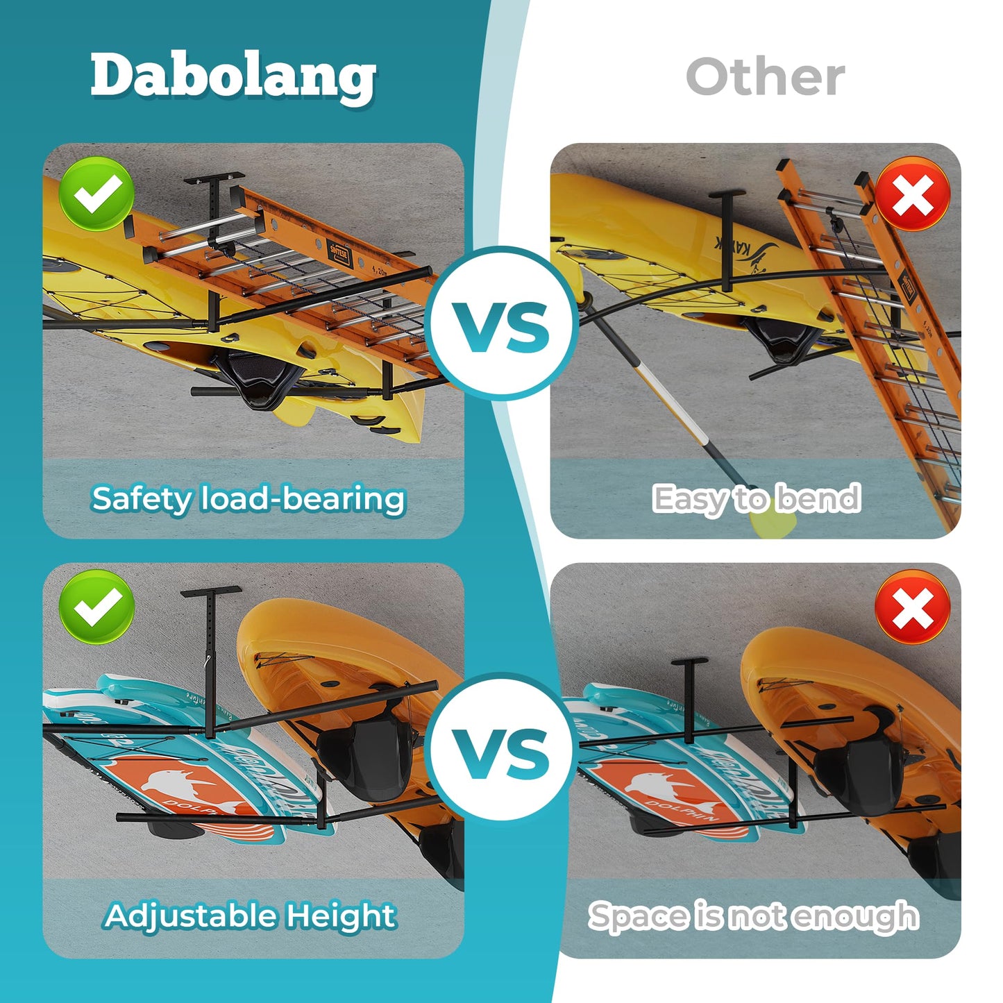 Dabolang Adjustable Ladder Ceiling Rack, Garage Surf Storage, Heavy Duty Overhead Paddleboard Hanger, Kayak Ceiling Mount Rack for Telescopic Ladder/Snowboard/Lumber. Double-sided - WoodArtSupply