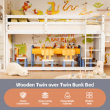 TOLEAD Low Bunk Bed Twin Over Twin, Floor Bunk Bed with Bookshelf&Ladder, Twin Bunk Bed with Full Guardrails, Wooden Bunk Bed for Juniors, Boys, Girls, Kids, Bedrooms (White) TOLEAD