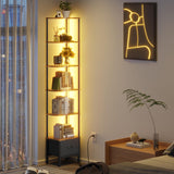 AFLUI 6-Tier Corner Bookshelf with Fabric Drawer and LED Light, 75" Bookcase for Small Space, Narrow Book Shelf for Corner, Display Shelf, Rustic Brown AFLUI