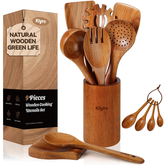 KLYRO Wooden Spoons for Cooking, Nonstick Kitchen Utensils Set with 4 Piece Measuring Spoons, Comfort Grip Wooden Spatula Set, 9 Piece Teak Wooden Cooking Utensils with Holder and Spoon Rest - WoodArtSupply