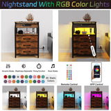 SZLHANJZ End Tables Set of 2, Nightstands with Charging Station and LED Lights, 3 Drawers Fabric Dresser, Storage Side Tables for Bedside, Living Room, Rustic Brown SZLHANJZ