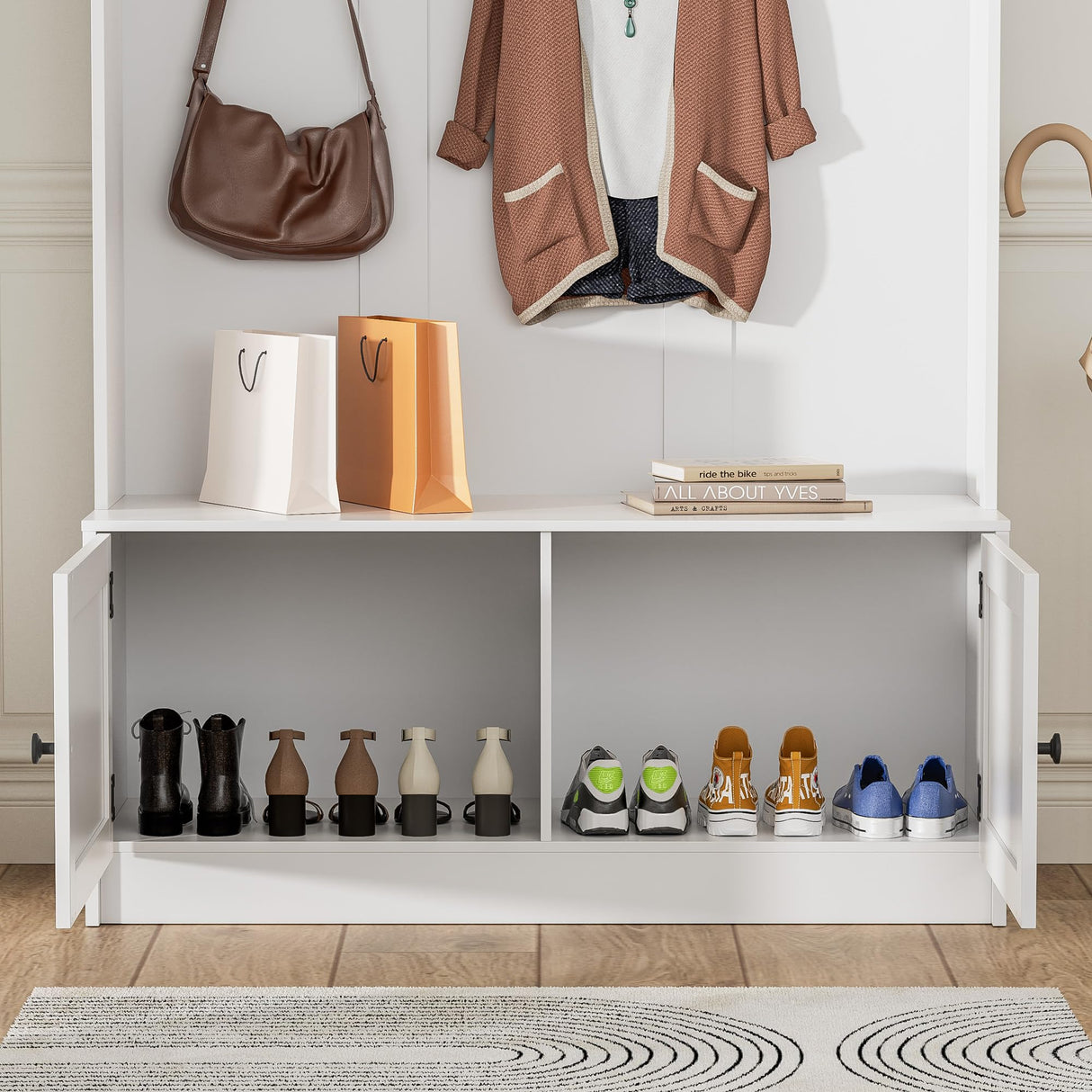 MHOM White Hall Tree with Storage Bench, 65" Tall Entryway Bench with Shoe Storage, Coat Rack and Top Shelf, Freestanding Wooden Hall Tree with Bench for Entryway, and Hallway MHOM