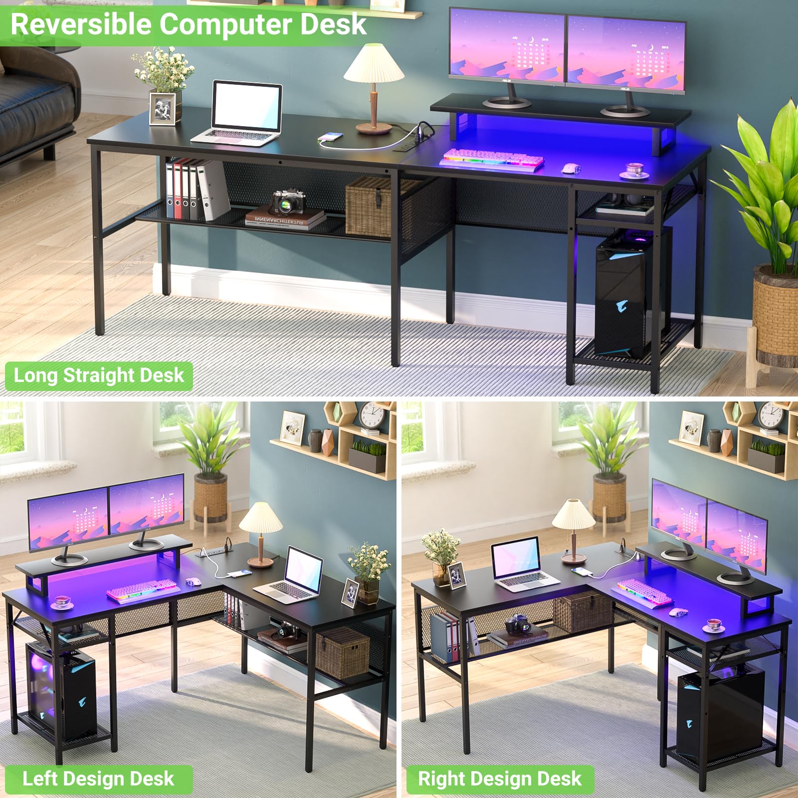 Unikito Reversible L Shaped Desk with Smart RGB Light & Power Outlets - 55 Inch Black Corner Computer Desk - WoodArtSupply