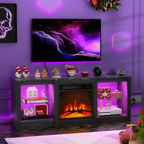 BREEZEHEAT 58inch Electric Fireplace TV Stand for 65'' TV-Entertainment Center with 18'' Fireplace and Led Light-TV Console with Glass Shelves, Power Outlets, Remote Control (Black Marble) BREEZEHEAT