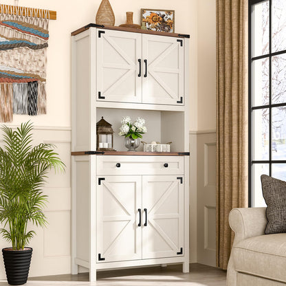 69" Farmhouse Storage Cabinet with Drawer, 6-Tier Tall Kitchen Pantry Cabinet, Large Wood Storage Cabinet with 4 Barn Doors and Adjustable Shelves, Cabinet with Storage for Living Room, Kitchen