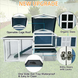 RUNSHED Rabbit Hutch 2-Story Bunny Cage Small Animal House for Indoor Outdoor Wooden Rabbit Cage with No Leak Tray Waterproof Roof (56.8" L x 22.5" W x 34.7" H, Grey Blue&White) RUNSHED