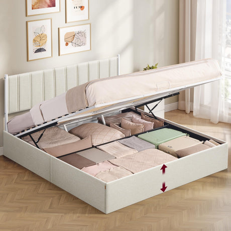 VASAGLE Lift Up Storage Bed Frame King Size, Hydraulic Platform Bed, with Upholstered Headboard, 1100 lb Weight Capacity, No Box Spring Needed, Easy Assembly, Modern, Cappuccino Beige URMB604W01V1 VASAGLE