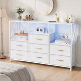 Decofy Dresser for Bedroom with Power Outlets and LED Lights, 7 Drawers TV Stand Dresser for 65 Inch TV, Chest of Drawers with Open Shelf, Wide White Dresser, 𝐏𝐔 𝐋𝐞𝐚𝐭𝐡𝐞𝐫, for Bedroom, Closet Decofy