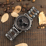 2win Mens Wooden Watches Luxury Stainless Steel Wood Watch for Men Chronograph Quartz Watches 2win