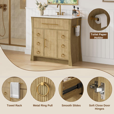 IRONCK 36" Bathroom Vanity with Sink, Freestanding Bathroom Sink Cabinet with 4 Drawers & 1 Flip-Down Drawer, Wood Grain Texture, Metal Handle, Farmhouse IRONCK
