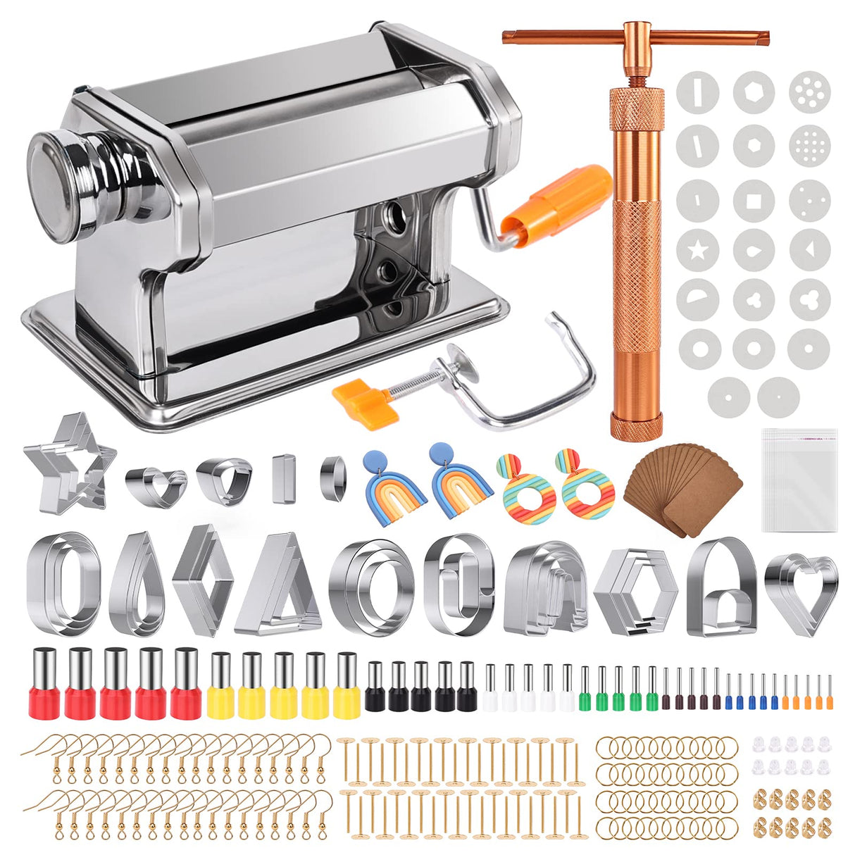 Yofuly Polymer Clay Press Machine, Polymer Clay Cutters Set for Jewelry Making, with Polymer Clay Roller Machine, Polymer Clay Extruder, 40 Circle Shape Cutters and 120 Earrings Accessories Yofuly