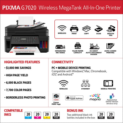 Canon G7020 All-in-One Printer Home Office | Wireless Supertank (Megatank) Printer | Copier | Scan, | Fax and ADF with Mobile Printing, Black, Works with Alexa