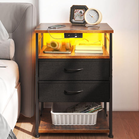 AODK Night Stand with Charging Station, End Table for Bedroom Tall Nightstand with Drawers, Small Nightstand for Bedroom, 4 Tier Storage Bedside Table, Vintage and Black AODK