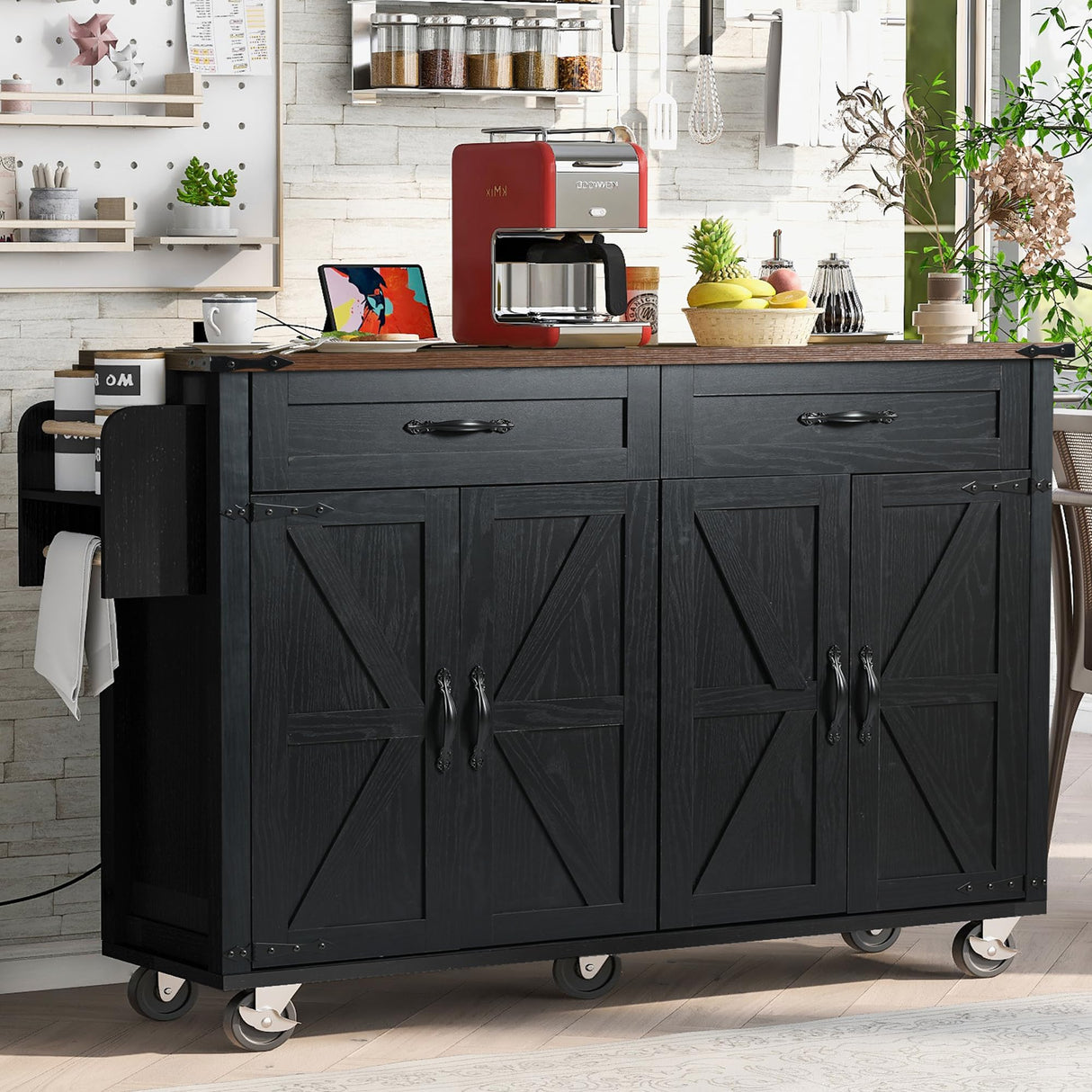 Amposei Farmhouse Rolling Kitchen Island with Power Outlet, Drop Leaf Breakfast Bar, Wooden Mobile Storage Island Cart on Wheels with Drawers, Spice Rack for Kitchen Dining Room (Black) Amposei