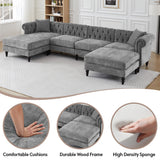 U Shaped Chesterfield Sofa, Oversized Sectional Linen Couch, Chaise Ottoman Sofa Upholstered Accent Tufted Couch with Rolled Armrest and Nailhead Design for Living Room, Office - Grey ORRD