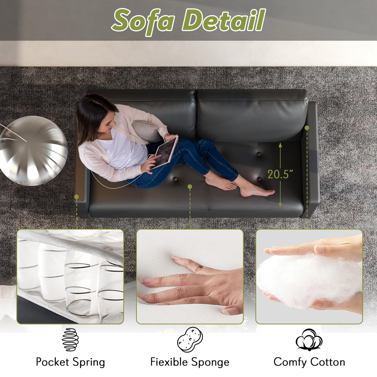 STHOUYN 59” Black Faux Leather Sofa Couch, Modern Comfy Office 2 Seater Couch Loveseat with USB and Tufted Armrest, Small Love Seat Couches for Living Room, Bedroom, Apartment STHOUYN