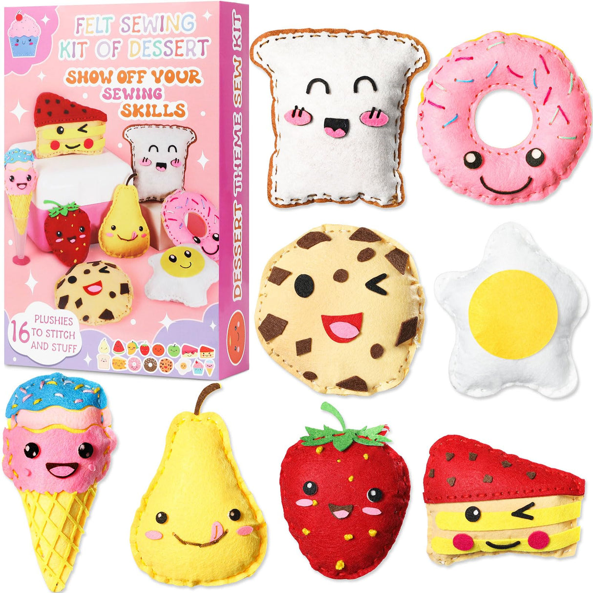 ZOIIWA 16 Sets Food Themed Sewing Kit for Kids Fun Craft for Boy Girl Age Felt Fruit Plush Craft Kit Learn to Sew Educational Beginners Sewing Stuffed Ornament for Black to School Classroom Gift ZOIIWA